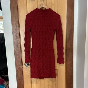 Anthropologie Rich Red Textured Long Sleeve Dress
